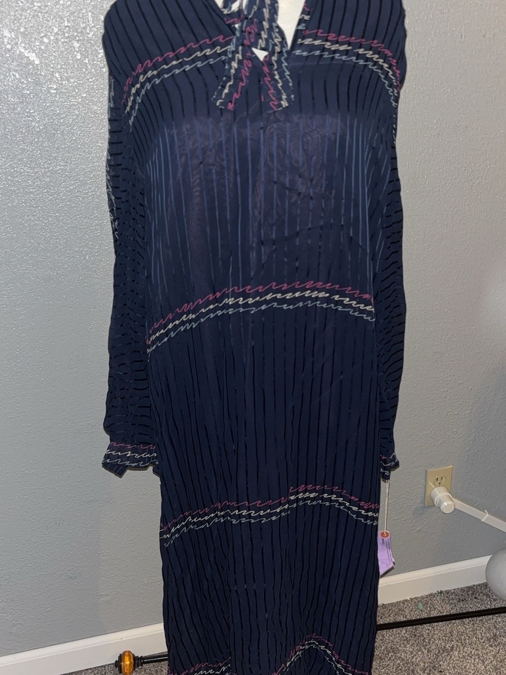 Vintage Dead Stock Women's Navy Long-Sleeve Midi Dress with Contrast Stitching